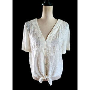 Chelsea & Violet Ivory Eyelet Button-Up Tie Waist Top Sz S